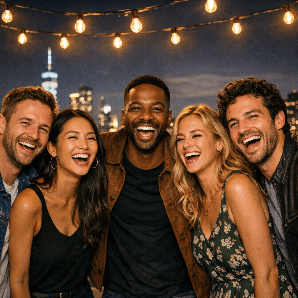 Friends laughing on city rooftop